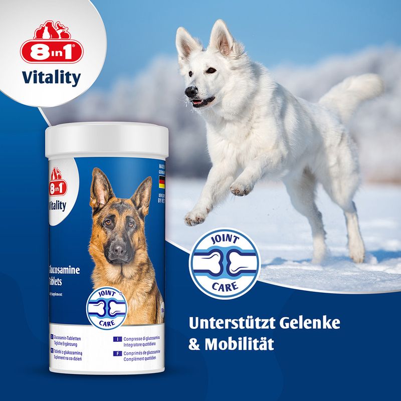 8in1 Vitality Glucosamine Tabletten. Unterstützt Gelenke und Mobilität. Made in Germany. Joint Care Symbol mit Hundebild.