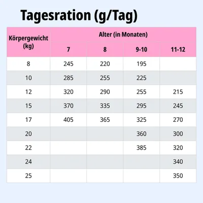 Tagesrationstabelle: Futtermenge in Gramm pro Tag nach Körpergewicht (8-25 kg) und Alter (7-12 Monate). Beispiel: 10 kg, 7 Monate = 285 g/Tag.