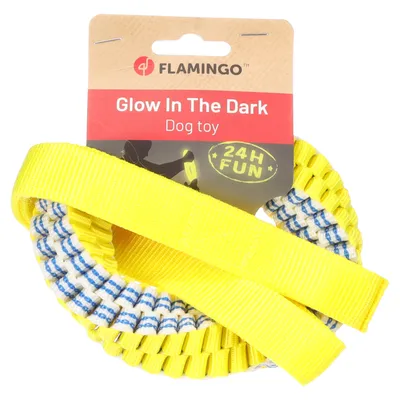 Flamingo Glow In The Dark zabawka dla psa, żółta z informacją 24H Fun na opakowaniu.