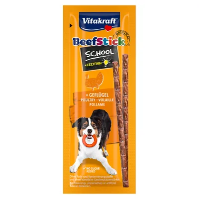 Vitakraft Beef Stick School mit Lecithin, Geflügelgeschmack. Ohne Zuckerzusatz, Farb- und Konservierungsstoffe oder künstliche Geschmacksverstärker.