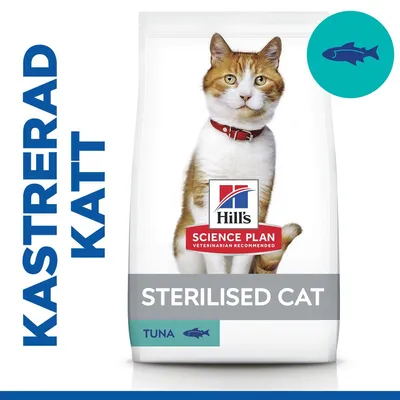 Hill's Science Plan Sterilised Cat kattmat med texten 'KASTRERAD KATT' och 'TUNA', bild på katt och fiskikon synliga på förpackningen.