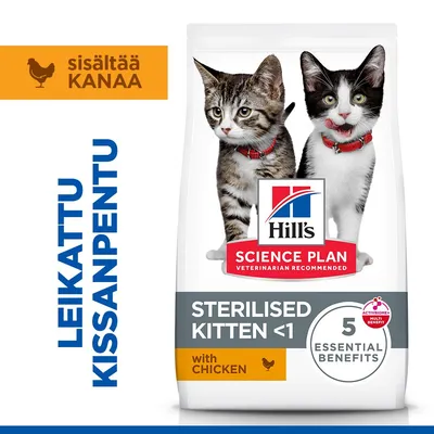 Hill's Science Plan Sterilised Kitten <1 kanan kanssa, 5 olennaista hyötyä, sisältää kanaa. Pakkauksessa on kuvattuna kaksi kissanpentua. Hill's Science Plan Sterilised Kitten <1 kanan kanssa, 5 olennaista hyötyä, sisältää kanaa. Pakkauksessa on kuvattuna kaksi kissanpentua.