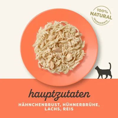 Hauptzutaten: Hähnchenbrust, Hühnerbrühe, Lachs, Reis. 100% natürliche Zutaten. Illustration einer Katze unten rechts.