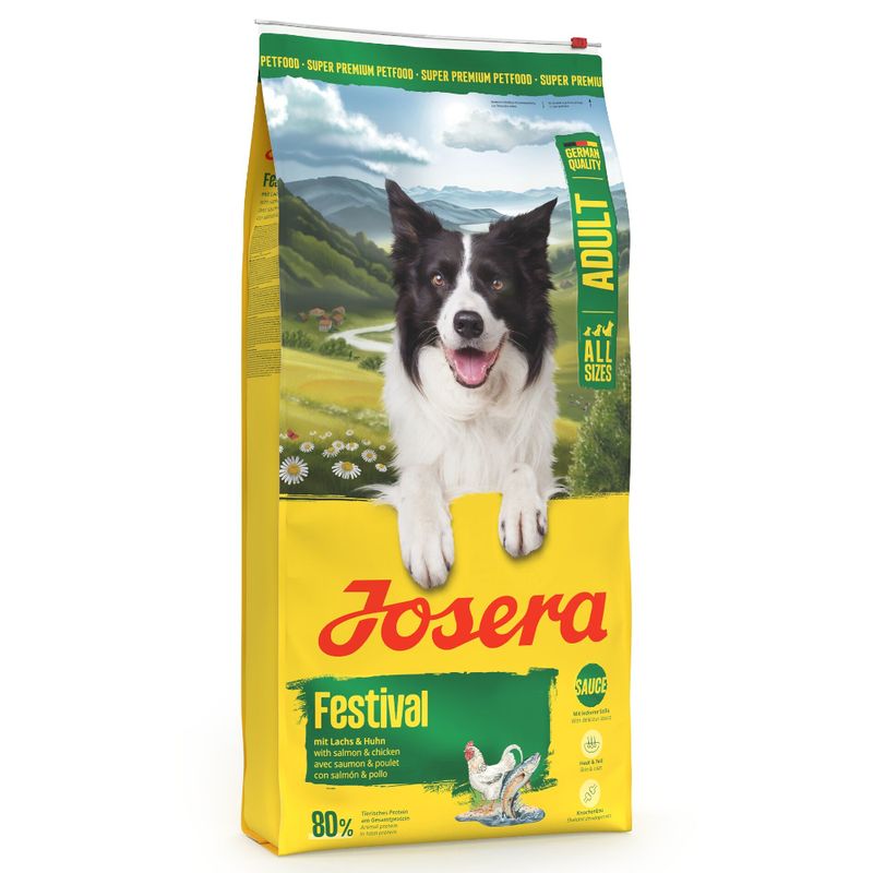 Josera Festival Adult Hundefutter mit Lachs und Huhn, geeignet für alle Größen. Super Premium Petfood, German Quality, mit Sauce. Verpackung zeigt Hund vor Landschaft.