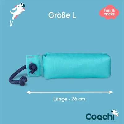 Coachi Spielzeug Größe L, Länge 26 cm, türkis mit dunkelblauer Kordel. Fun & Tricks Logo sichtbar.