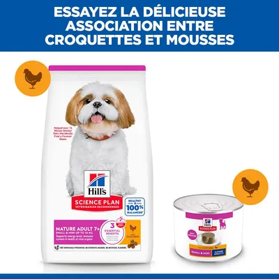 Hill's Science Plan Mature Adulte 7+ Small & Mini au poulet, croquettes et boîte de pâtée, mention de 3 avantages essentiels et alimentation 100 % équilibrée. Hill's Science Plan Mature Adulte 7+ Small & Mini au poulet, croquettes et boîte de pâtée, mention de 3 avantages essentiels et alimentation 100 % équilibrée.