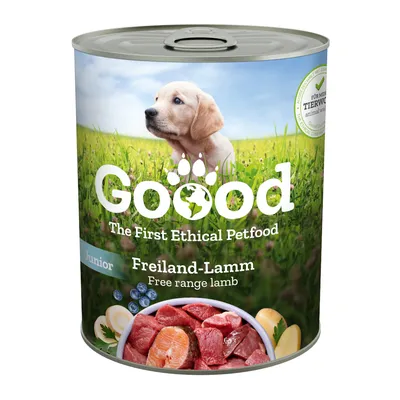 Goood Junior Freiland-Lamm, The First Ethical Petfood. Für mehr Tierwohl. Dose mit Fleischstücken, Blaubeeren und Kartoffeln abgebildet.