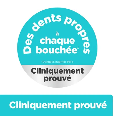 Des dents propres à chaque bouchée. Données internes Hill’s. Cliniquement prouvé.
