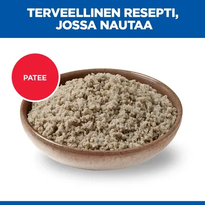 Kulho, jossa patéeta. Teksti: Terveellinen resepti, jossa naudanlihaa. Punainen ympyrä, jossa lukee Patée. Kulho, jossa patéeta. Teksti: Terveellinen resepti, jossa naudanlihaa. Punainen ympyrä, jossa lukee Patée.