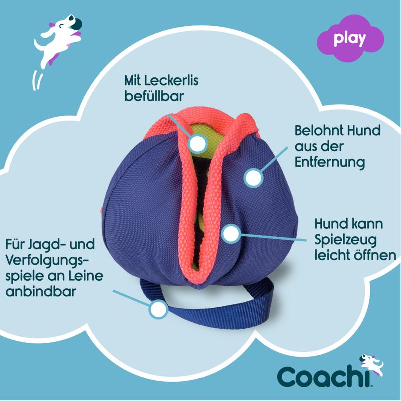 Coachi Spielzeug für Hunde, mit Leckerlis befüllbar, belohnt Hund aus der Entfernung, leicht zu öffnen, an Leine anbindbar für Jagd- und Verfolgungsspiele.