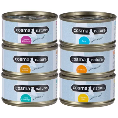 Cosma Nature -kissanruokapurkit: Chicken & Shrimps, Chicken & Tuna, Tuna & Shrimps, Tuna, Salmon, Chicken filet. 6 erilaista makua näkyvissä etiketeissä.