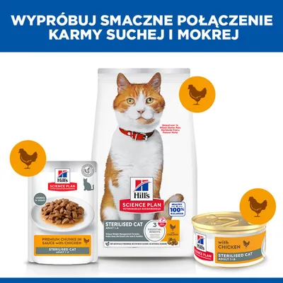 Hill's Science Plan Sterilised Cat Adult karma sucha i mokra z kurczakiem, przedstawione trzy opakowania, informacja o możliwości łączenia karmy suchej i mokrej.