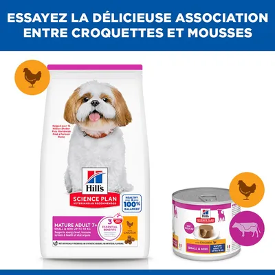 Hill's Science Plan Mature Adulte 7+ Small & Mini croquettes et nourriture humide au poulet, illustrations de chien, symboles de poulet et de bœuf.