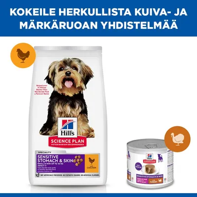 Hill's Science Plan Sensitive Stomach & Skin Adult 1+ Small & Mini, jopa 10 kg, kanan ja kalkkunan kanssa, kuivaruoka ja märkäruoka kuvassa. Hill's Science Plan Sensitive Stomach & Skin Adult 1+ Small & Mini, jopa 10 kg, kanan ja kalkkunan kanssa, kuivaruoka ja märkäruoka kuvassa.