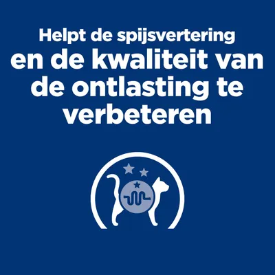 Helpt de spijsvertering en de kwaliteit van de ontlasting te verbeteren. Symbool met hond en kat, spijsverteringssysteem afgebeeld. Helpt de spijsvertering en de kwaliteit van de ontlasting te verbeteren. Symbool met hond en kat, spijsverteringssysteem afgebeeld.