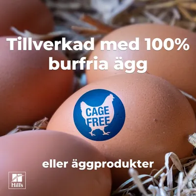 Tillverkad med 100 % ägg eller äggprodukter från frigående höns. CAGE FREE. Hill's.