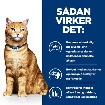 Grafik med tekst på dansk: Fremmer den ønskede pH-værdi i urinen, reducerer risikoen for dannelse af urinsten, indeholder antioxidanter og omega-3 fra fiskeolie, kontrolleret indhold af calcium og natrium.