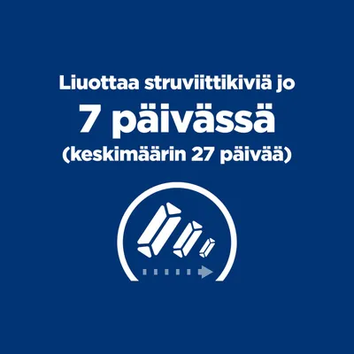 Tekstigrafiikka: Liuottaa struviittikivet jo 7 päivässä (keskimäärin 27 päivää), alla symboli, jossa kutistuvat kiteet. Tekstigrafiikka: Liuottaa struviittikivet jo 7 päivässä (keskimäärin 27 päivää), alla symboli, jossa kutistuvat kiteet.