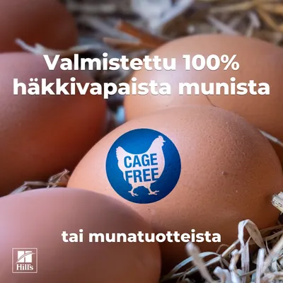 Valmistettu 100 % häkkivapaista munista tai munatuotteista, teksti ja Cage Free -merkintä näkyvissä ruskeissa munissa. Valmistettu 100 % häkkivapaista munista tai munatuotteista, teksti ja Cage Free -merkintä näkyvissä ruskeissa munissa.