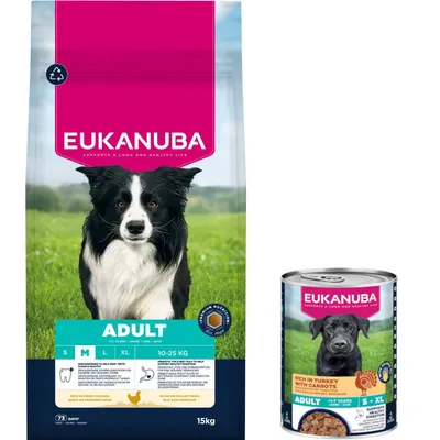 15 кг Eukanuba Premium Nutrition, сухой корм для собак + 3 x 400 г с индейкой в подарок!