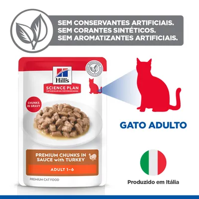 Hill's Science Plan Premium Pedaços em Molho com Peru Adulto 1-6, sem conservantes, corantes ou aromatizantes artificiais. Produzido em Itália.