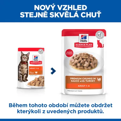 Hill's Science Plan Adult 1-6 kousky v omáčce s krůtím: porovnání starého a nového designu obalu. Hill's Science Plan Adult 1-6 kousky v omáčce s krůtím: porovnání starého a nového designu obalu.