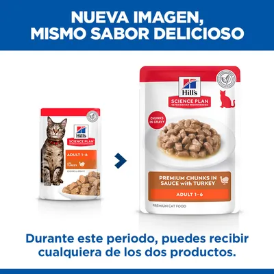 Hill's Science Plan Adult 1-6 comida para gatos con pavo, aviso sobre el nuevo diseño del envase. Durante la transición, se puede entregar uno de los dos paquetes.