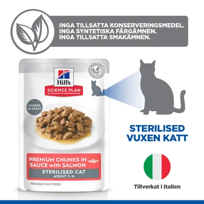 Hill's Science Plan Premiumbitar i sås med lax, Sterilised Cat Adult 1-6. Inga tillsatta konserveringsmedel, färgämnen eller aromer. Tillverkad i Italien.