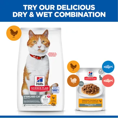 Hill's Science Plan Sterilised Cat dry and wet food with chicken for adult cats. Packaging with product image and icons for chicken, duck, fish. Hill's Science Plan Sterilised Cat dry and wet food with chicken for adult cats. Packaging with product image and icons for chicken, duck, fish.
