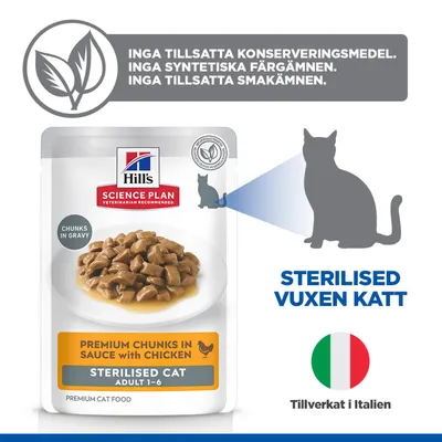 Hill's Science Plan Premiumbitar i sås med kyckling för steriliserade vuxna katter, utan tillsatta konserveringsmedel, färgämnen eller smakämnen, tillverkad i Italien.