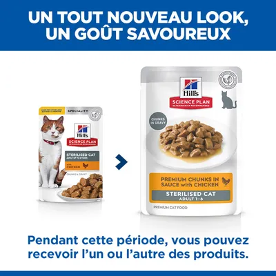 Hill's Science Plan Sterilised Cat Adulte au poulet, nouveau design d'emballage. Pendant la phase de transition, les deux variantes peuvent être livrées. Hill's Science Plan Sterilised Cat Adulte au poulet, nouveau design d'emballage. Pendant la phase de transition, les deux variantes peuvent être livrées.