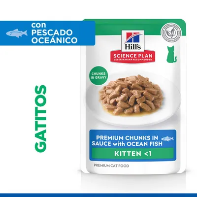 Hill's Science Plan Trozos Premium en Salsa con Pescado de Océano, para gatitos menores de 1 año, con pescado oceánico, trozos en salsa, recomendado por veterinarios. Hill's Science Plan Trozos Premium en Salsa con Pescado de Océano, para gatitos menores de 1 año, con pescado oceánico, trozos en salsa, recomendado por veterinarios.