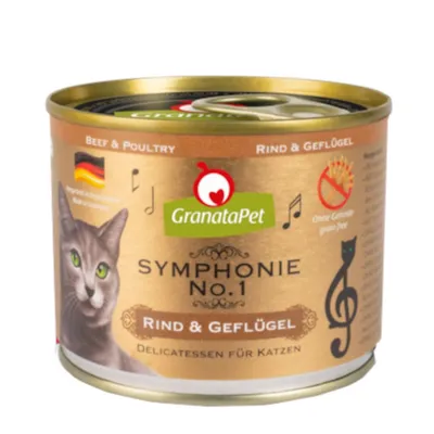 Scatoletta GranataPet Symphonie No.1 Rind & Geflügel, Delicatessen für Katzen, manzo e pollame, senza cereali, immagine di gatto e bandiera tedesca visibili sull'etichetta.