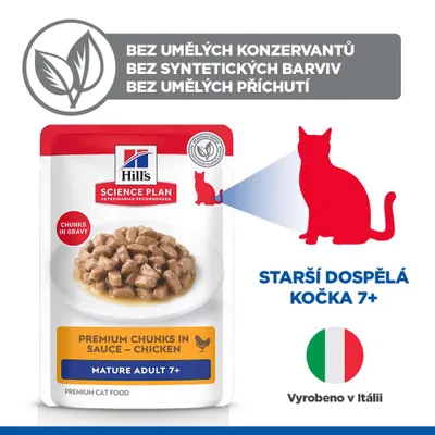Hill's Science Plan Premium kousky v omáčce – kuřecí, Mature Adult 7+, bez umělých konzervačních látek, barviv nebo aromat, vyrobeno v Itálii. Hill's Science Plan Premium kousky v omáčce – kuřecí, Mature Adult 7+, bez umělých konzervačních látek, barviv nebo aromat, vyrobeno v Itálii.