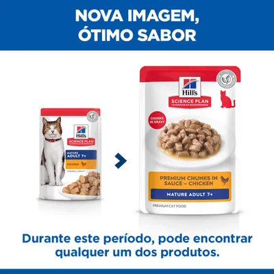 Hill's Science Plan Mature Adult 7+ Frango comida para gatos: embalagem antiga e nova em comparação, ambas com pedaços em molho. Durante a transição, ambas estão disponíveis. Hill's Science Plan Mature Adult 7+ Frango comida para gatos: embalagem antiga e nova em comparação, ambas com pedaços em molho. Durante a transição, ambas estão disponíveis.