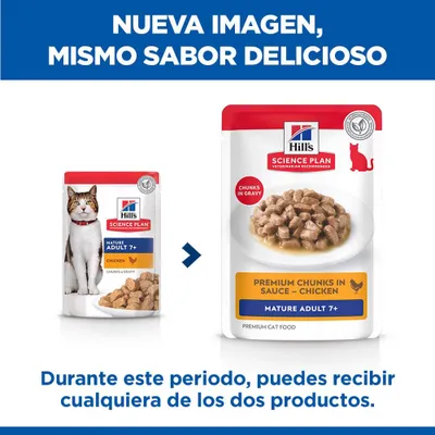 Hill's Science Plan Mature Adult 7+ Pollo comida para gatos: diseño de envase antiguo y nuevo juntos, aviso sobre la posible recepción de ambas variantes durante la fase de transición. Hill's Science Plan Mature Adult 7+ Pollo comida para gatos: diseño de envase antiguo y nuevo juntos, aviso sobre la posible recepción de ambas variantes durante la fase de transición.