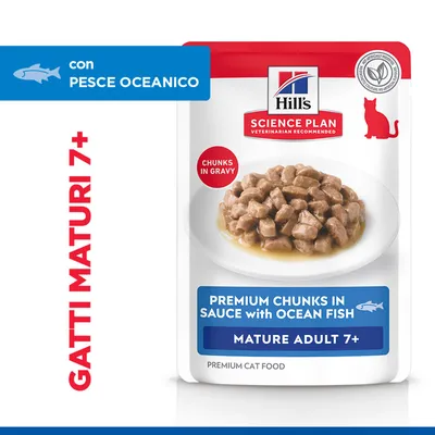 Hill's Science Plan Premium Bocconcini in Salsa con Pesce Oceanico, Mature Adult 7+, Bocconcini in Salsa, per gatti anziani a partire da 7 anni. Hill's Science Plan Premium Bocconcini in Salsa con Pesce Oceanico, Mature Adult 7+, Bocconcini in Salsa, per gatti anziani a partire da 7 anni.