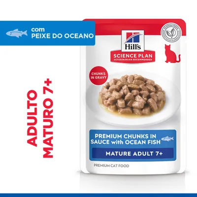 Hill's Science Plan Premium Pedaços em Molho com peixe do oceano, para gatos adultos a partir de 7 anos. Pedaços em molho. Alimento premium para gatos. Hill's Science Plan Premium Pedaços em Molho com peixe do oceano, para gatos adultos a partir de 7 anos. Pedaços em molho. Alimento premium para gatos.
