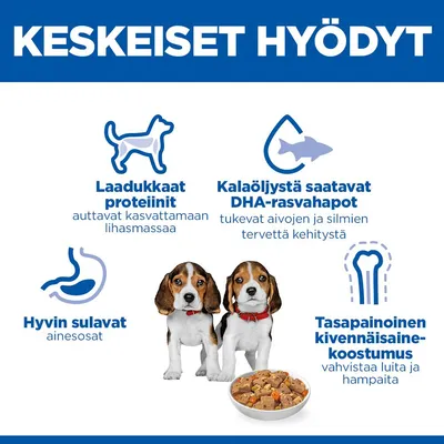 Grafiikka, jossa on koiria ja ruokakuppi, teksti: Laadukkaita proteiineja, hyvin sulavia ainesosia, DHA-rasvahappoja kalaöljystä, tasapainoinen kivennäisainekoostumus.