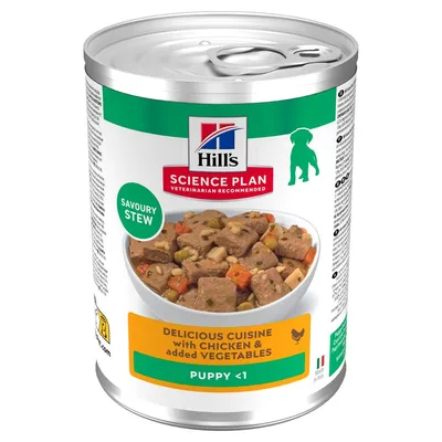 Hill's Science Plan Savoury Stew. Herkullinen ateria kanalla ja lisätyillä vihanneksilla. Pentu <1. Valmistettu Italiassa.