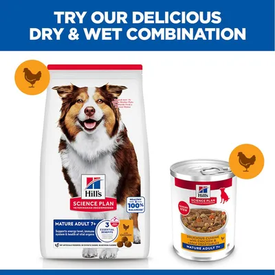 Hill's Science Plan Mature Adult 7+ Dry and Wet Food with Chicken, combination for senior dogs, 3 essential benefits, 100% balanced. Hill's Science Plan Mature Adult 7+ Dry and Wet Food with Chicken, combination for senior dogs, 3 essential benefits, 100% balanced.