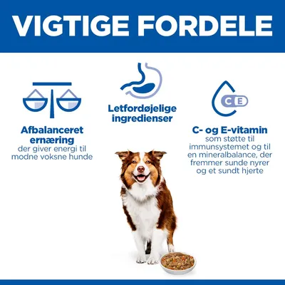 Vigtige fordele: Afbalanceret ernæring, letfordøjelige ingredienser, C- og E-vitaminer til støtte af immunsystemet og mineralbalance. Hund afbildet med foderskål. Vigtige fordele: Afbalanceret ernæring, letfordøjelige ingredienser, C- og E-vitaminer til støtte af immunsystemet og mineralbalance. Hund afbildet med foderskål.