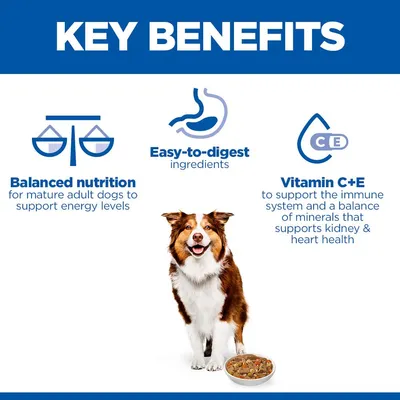 Key Benefits: Balanced nutrition for adult dogs, light digestible ingredients, vitamin C+E to support the immune system, and minerals for kidney and heart health. Key Benefits: Balanced nutrition for adult dogs, light digestible ingredients, vitamin C+E to support the immune system, and minerals for kidney and heart health.