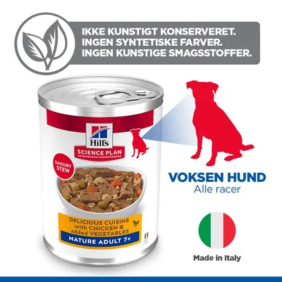 Hill's Science Plan Savoury Stew Mature Adult 7+ med kylling og grøntsager, til voksne hunde af alle racer. Ingen kunstige konserveringsmidler, farver eller aromaer. Fremstillet i Italien. Hill's Science Plan Savoury Stew Mature Adult 7+ med kylling og grøntsager, til voksne hunde af alle racer. Ingen kunstige konserveringsmidler, farver eller aromaer. Fremstillet i Italien.
