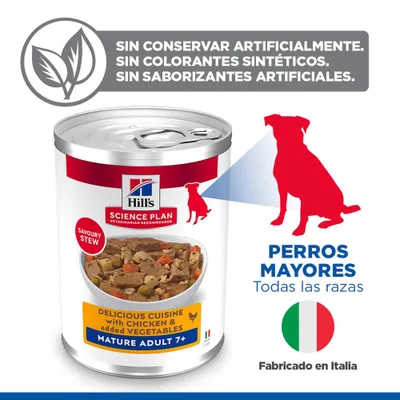 Hill's Science Plan Savoury Stew con pollo y verduras, para perros mayores de 7 años, sin conservantes, colorantes ni aromas artificiales, elaborado en Italia. Hill's Science Plan Savoury Stew con pollo y verduras, para perros mayores de 7 años, sin conservantes, colorantes ni aromas artificiales, elaborado en Italia.