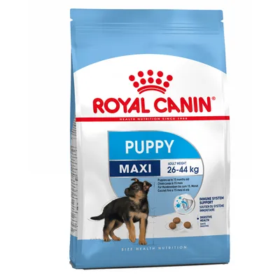 Royal Canin Puppy Maxi 26–44 kg, kölyökkutyáknak 15 hónapos korig. Látható: kutya képe, tápszemek, immunrendszer és emésztés ikonok, angol nyelvű leírás.