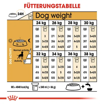 Fütterungstabelle für Hunde basierend auf Gewicht und Aktivitätsniveau. Angaben in Gramm und Cups, ME: 4040 kcal/kg, 1 Cup = 240 ml (≈ 86 g).