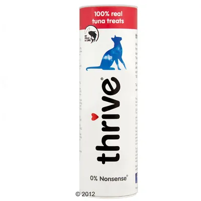 Thrive cat treats, 100% real tuna, 0% nonsense, sustainably caught with rod. Packaging shows blue silhouette of a cat.