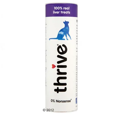 Thrive godbitar för katter, 100 % äkta lever, 0 % nonsens. Förpackning med lila lock och kattsilhuett.