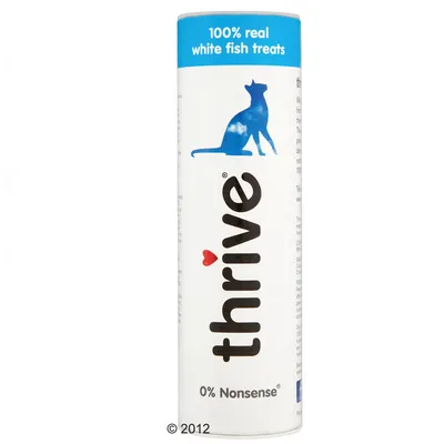 Thrive 100% real whitefish treats, 0% nonsense. Packaging with cat motif.